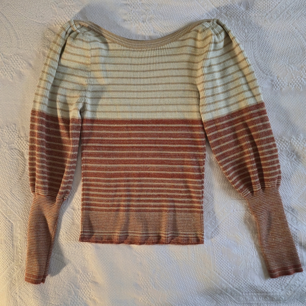 MOTF Striped Puff-Sleeve Sweater in Cream and Rust Orange Size S